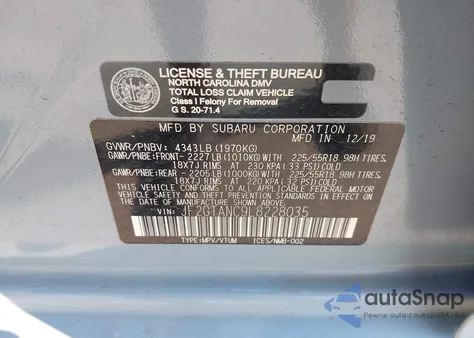 2020 Subaru Crosstrek Limited z USA, uszkodzony, nr VIN JF2GTANC9L8228035